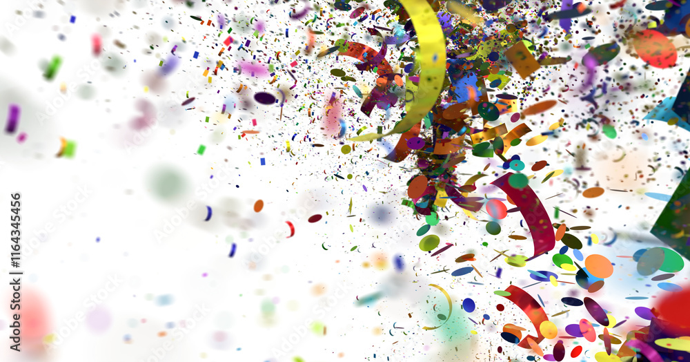 Fototapeta premium Abstract background with colorful confetti and ribbons falling on a white background. Perfect for celebratory or festive designs.