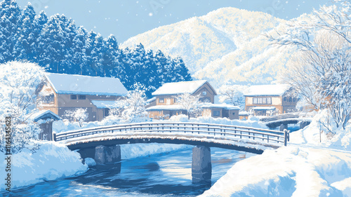 Icy bridges connecting houses in small snowy clusters, Cozy Winter Village, Digital Graphic photo