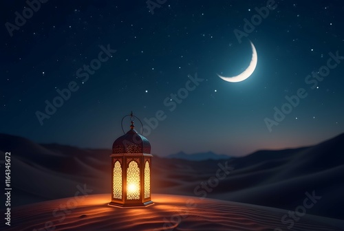 Ramadan Kareem - Arabic Lantern At Night In desert With Crescent Moon And Magic Glittering