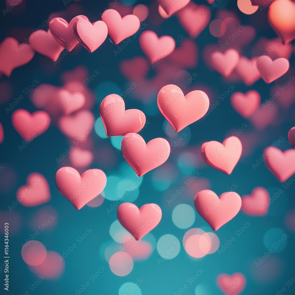 Floating Pink Hearts on a Soft Blue Background in Dreamy Style Floating Pink Hearts on a Soft Blue Background in Dreamy Style