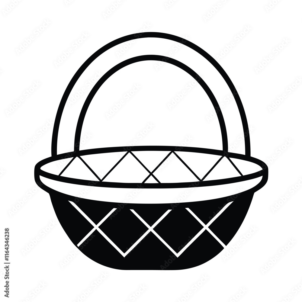 a vector silhouette of a round basket with a large, curved handle extending over the top a vector silhouette of a round basket with a large, curved handle extending over the top