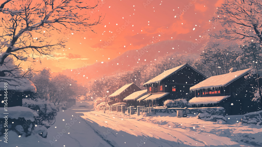Quiet village bathed in pink and orange sunset glow, Winter Village at Sunset, Illustration Quiet village bathed in pink and orange sunset glow, Winter Village at Sunset, Illustration