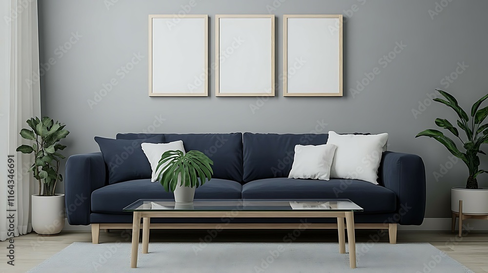 Naklejka premium Modern living room interior with navy sofa, three frames, plants, and glass coffee table.