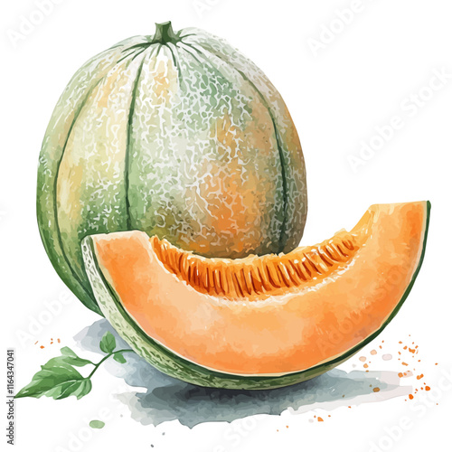 A watercolor painting of a cantaloupe, isolated on a white background. Cantaloupe vector.
