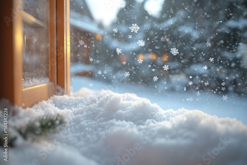 A snowy window sill with snow falling from it photo