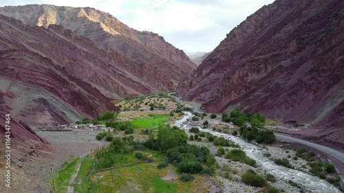 An aerial view of himalayan mountains near lato village in the leh district of ladakh between the Indus river valley and tanglang la pass on the leh-manali highway in India.