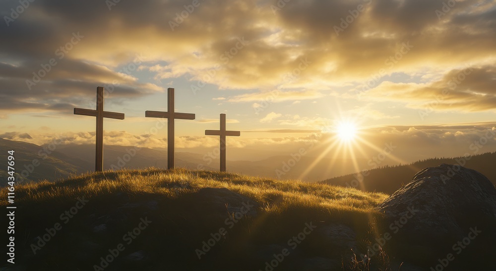 Obraz premium Inspirational Silhouette of Three Wooden Crosses Against a Dramatic Sunrise Over Rolling Hills and Lush Greenery, Symbolizing Faith and Hope in Nature's Embrace