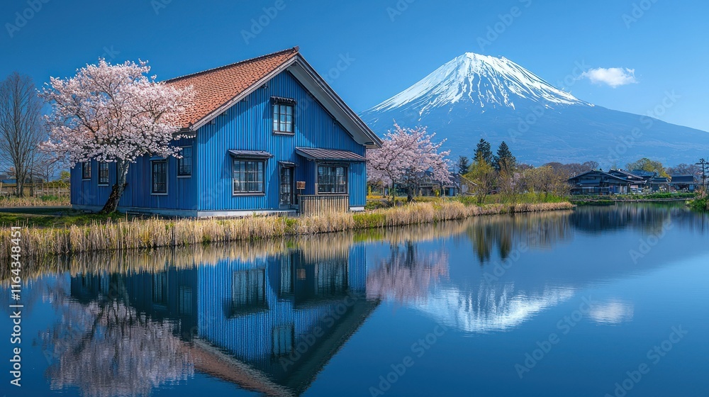 Fototapeta premium Serene landscape with a blue house and Mount Fuji reflection.