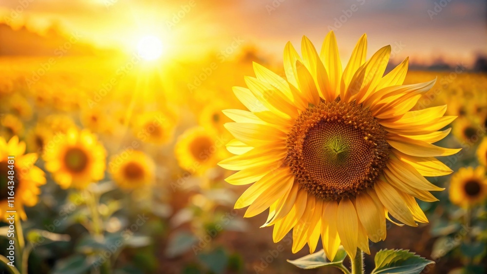 Obraz premium Golden Hour Sunflower Field A Single Bloom Basking in the Sunset's Rays
