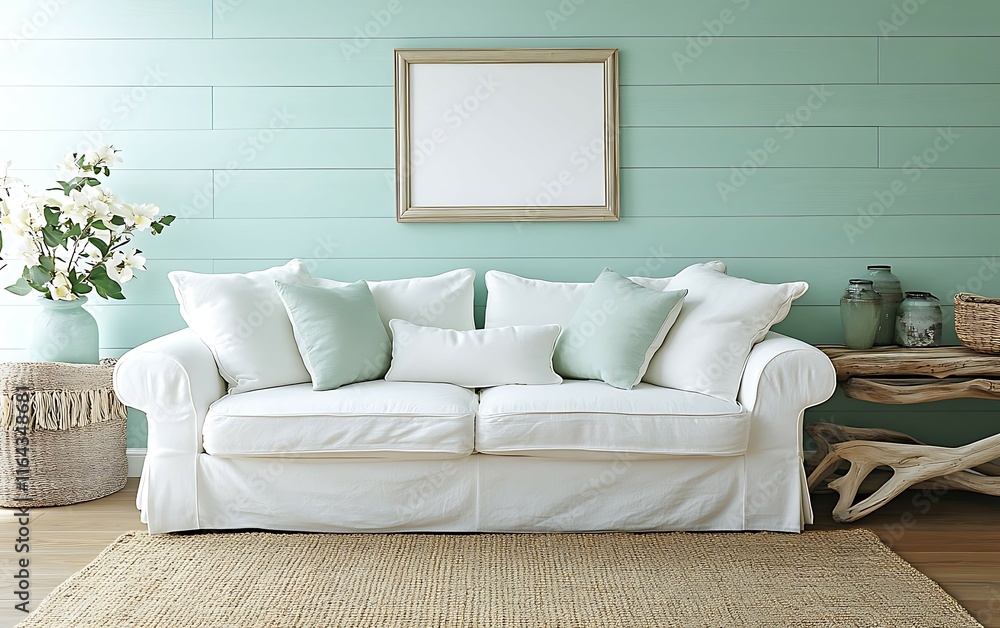 White sofa in a minimalist living room with light green walls, a wooden side table, and a jute rug. White sofa in a minimalist living room with light green walls, a wooden side table, and a jute rug.