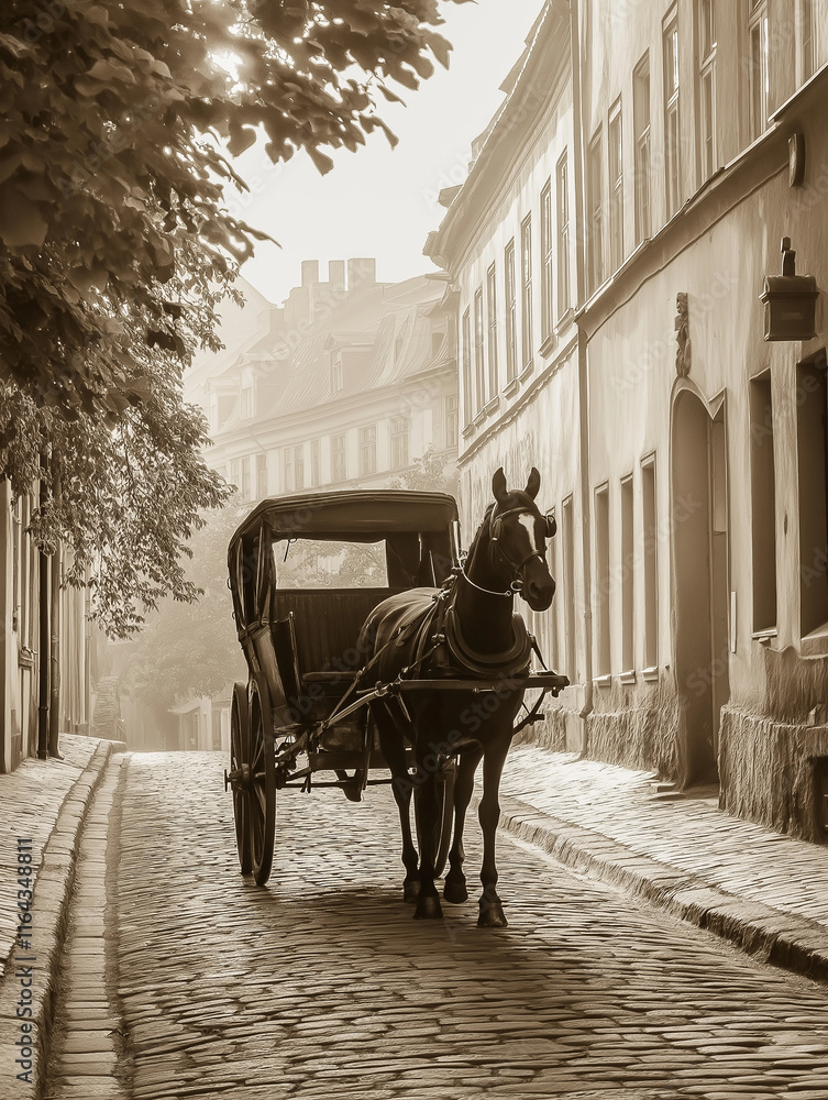 Obraz premium 1920s horse-drawn carriage on a cobblestone street, sepia tones