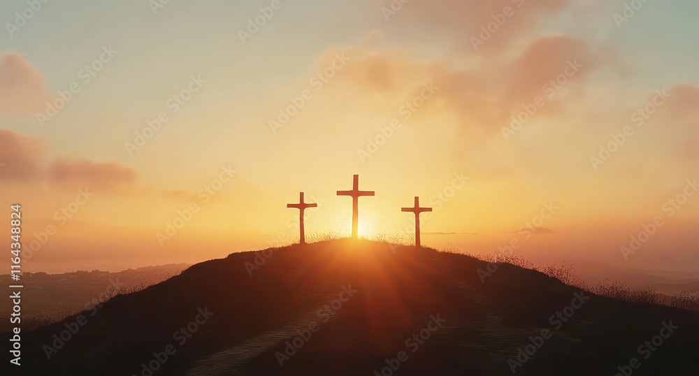 Obraz premium Majestic Sunset Over Three Crosses on a Hilltop, Symbolizing Faith, Hope, and Spiritual Reflection in a Serene Landscape at Dusk