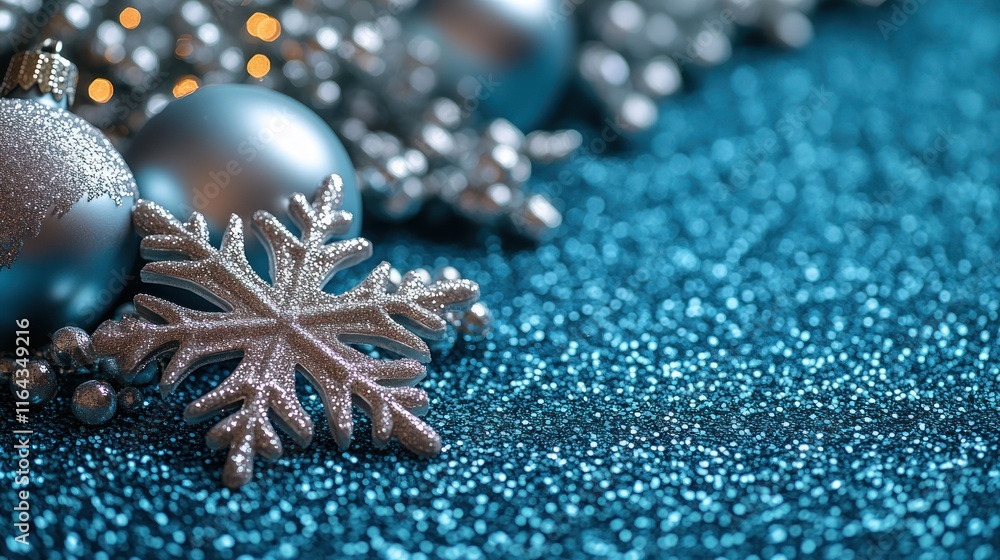 Silver ornaments and snowflake on blue glitter. Silver ornaments and snowflake on blue glitter.
