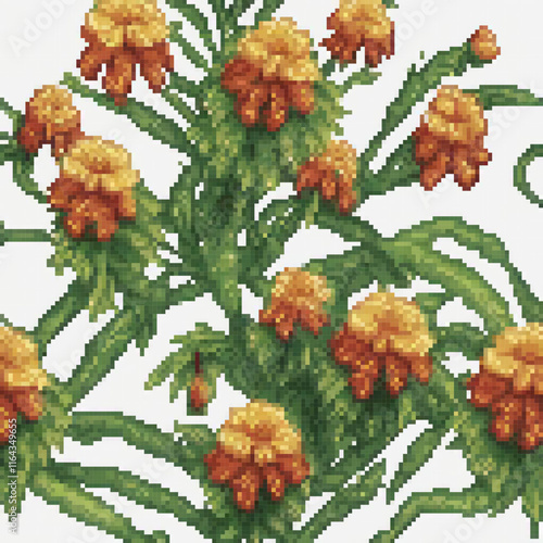 Handcrafted pixel art cross stitch pattern featuring vibrant yellow flowers on a pristine white canvas.