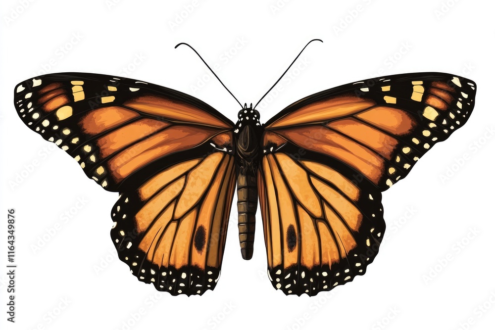Fototapeta premium A single monarch butterfly sits on a white background
