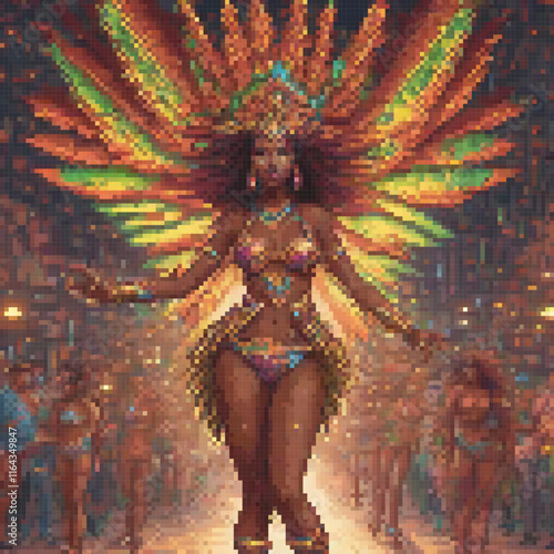 Vibrant pixel art of a woman in a whimsical costume strolling down a bustling street.