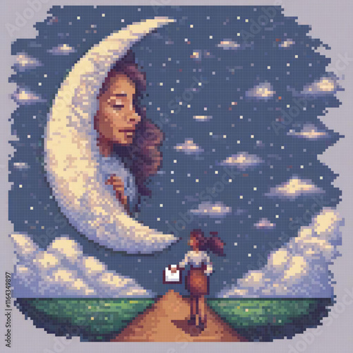 Pixel art depicting a mother and child on the moons surface.