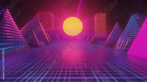 Retro Futuristic Pyramids Sunset Neon Gridscape photo