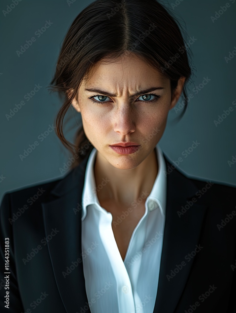 Close-up of a professional businesswoman in a formal suit with a focused, intense expression, emphasizing determination and authority in a corporate setting. Close-up of a professional businesswoman in a formal suit with a focused, intense expression, emphasizing determination and authority in a corporate setting.