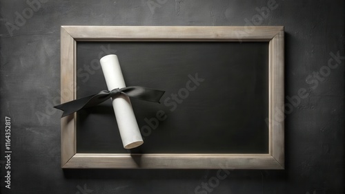 Rolled certificate tied with a black ribbon resting on a dark chalkboard within a rustic wooden frame photo