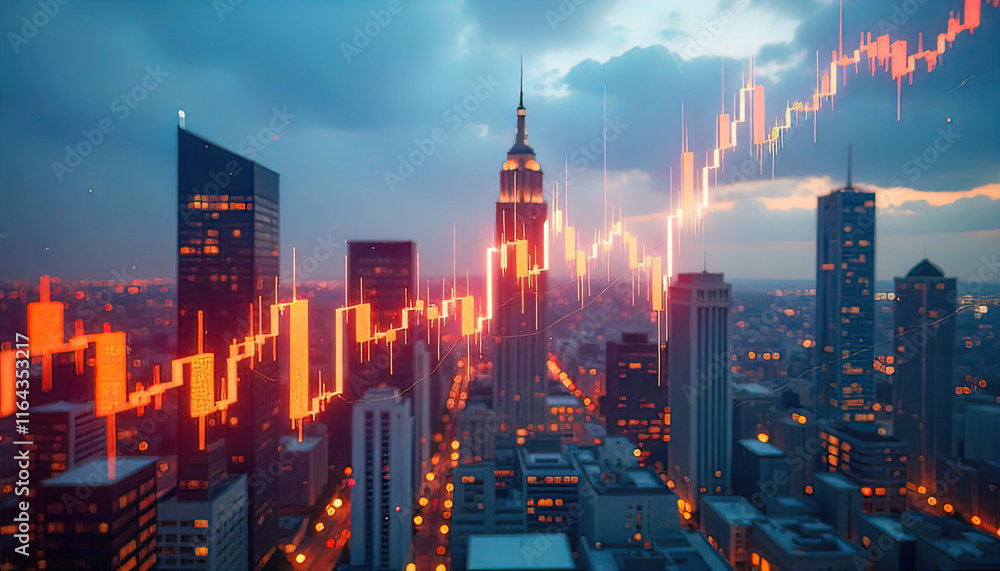 Obraz premium forex big data candlestick charts on blurred city background. Trading, technology, investment and analysis concept.