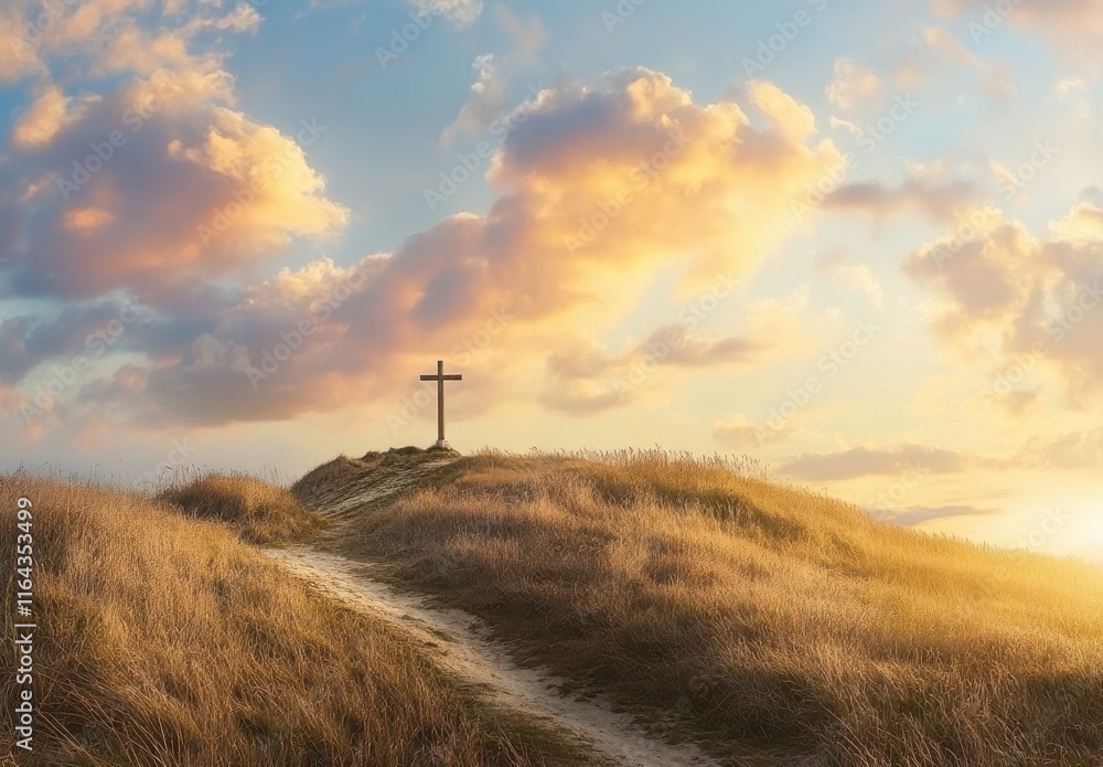 Obraz premium Scenic Landscape with Cross on Hilltop Under Beautiful Sunset Sky Featuring Soft Clouds and Gentle Grass in a Serene Natural Environment