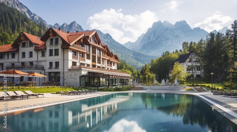 Fototapeta premium Alpine Resort Hotel Pool and Mountain View