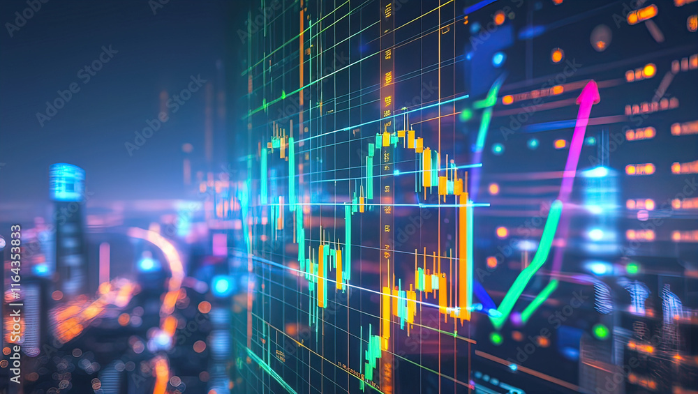 forex big data candlestick charts on blurred city background. Trading, technology, investment and analysis concept. forex big data candlestick charts on blurred city background. Trading, technology, investment and analysis concept.