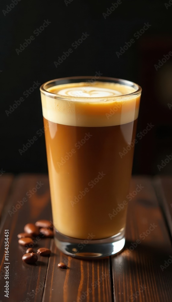 Rich brown coffee liquid in a glass with smooth caramel topping and a single drip on the side, dessert, coffee Rich brown coffee liquid in a glass with smooth caramel topping and a single drip on the side, dessert, coffee