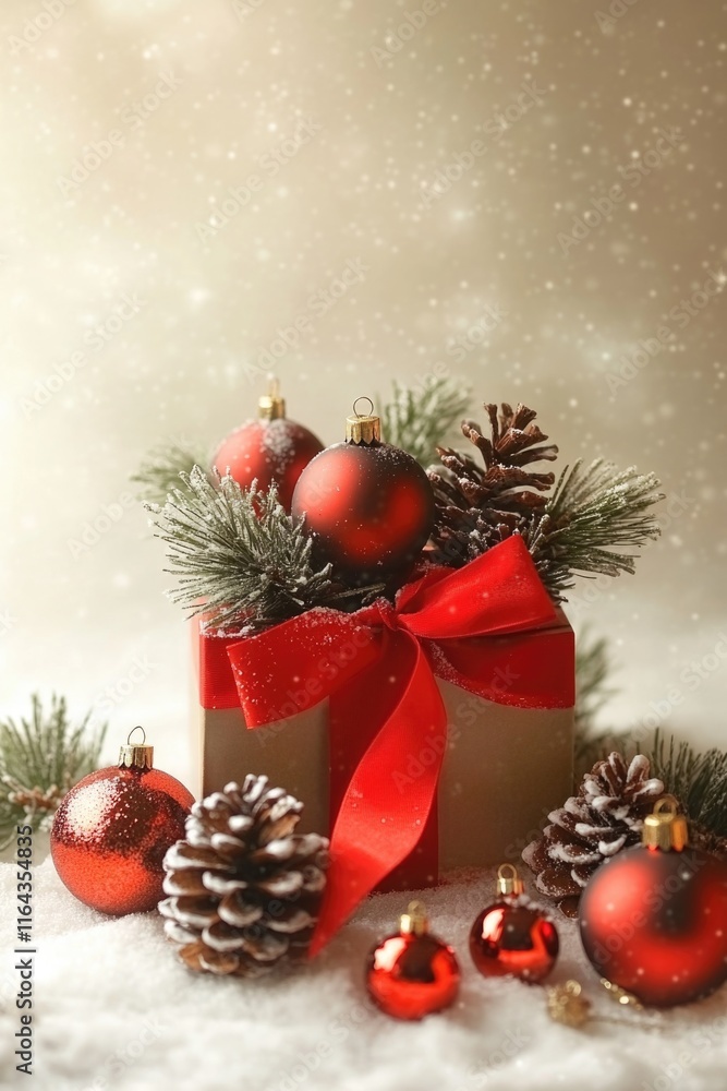 A decorative box filled with Christmas decorations and pine cones, perfect for festive arrangements or winter themed designs A decorative box filled with Christmas decorations and pine cones, perfect for festive arrangements or winter themed designs