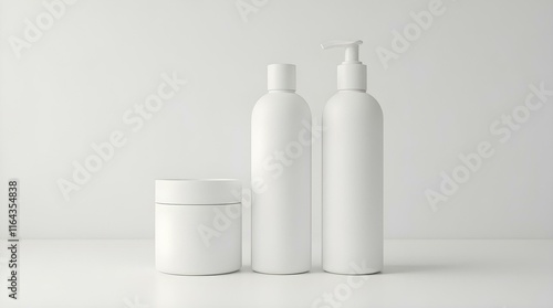 Three white cosmetic containers: two bottles and a jar against a white background.