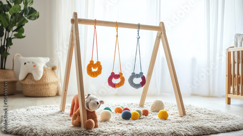 Playful baby activity center in a bright, cozy room with soft toys and colorful hanging rings photo