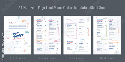 Restaurant cafe menu, template design, A4 size four page food menu template, Bleed 3mm