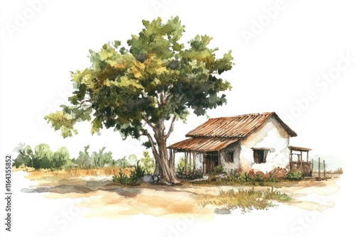 A watercolor painting of a house and a tree