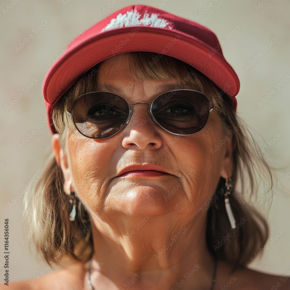 Portrait of a Woman Wearing a Red Cap and Sunglasses Portrait of a Woman Wearing a Red Cap and Sunglasses