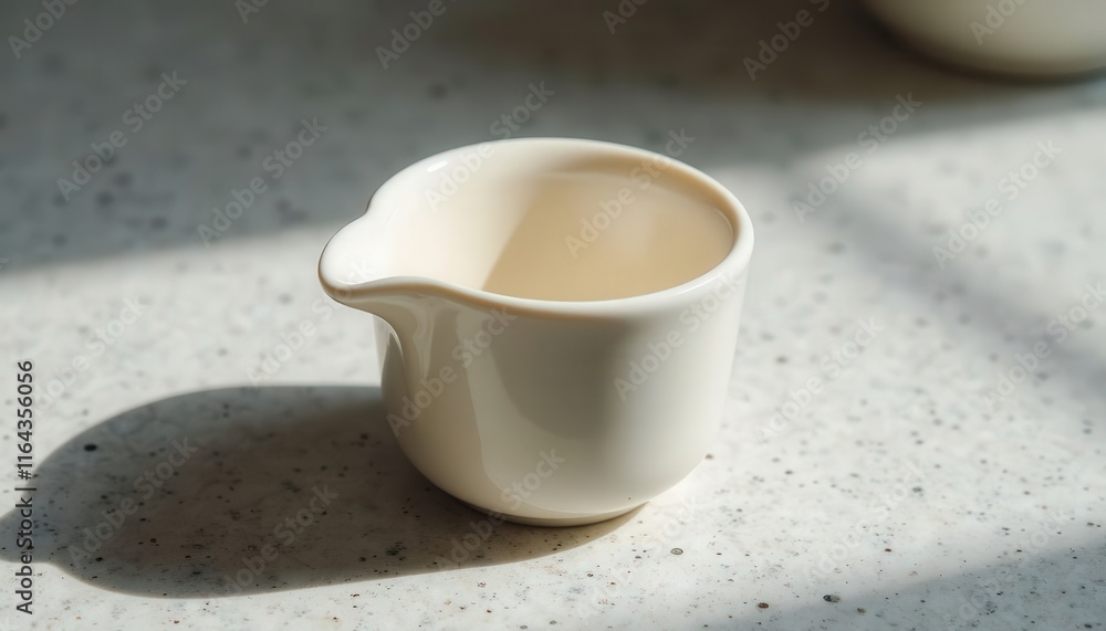 Cream-colored pitcher with a spout on a speckled surface Cream-colored pitcher with a spout on a speckled surface