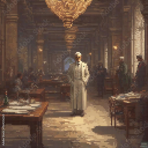 Pixel art depicting a man in a white robe standing in a room
