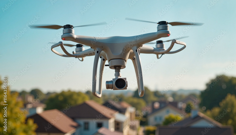 Compact drone delivering packages over suburban rooftops, future transportation Compact drone delivering packages over suburban rooftops, future transportation