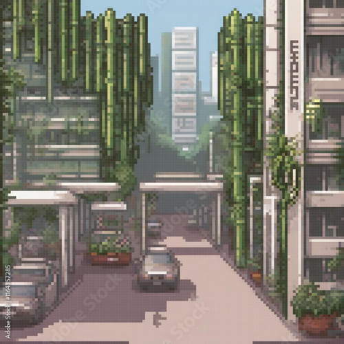 Pixel art depicting a quaint city street with classic cars.