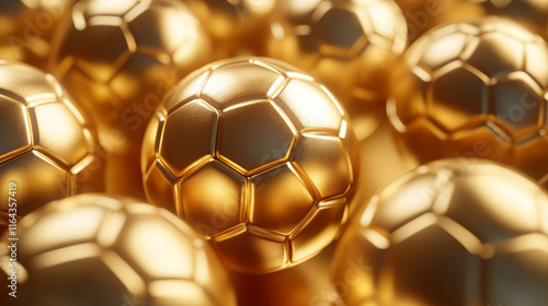 White and gold soccer ball for sport winner or bet design. Realistic 3d vector illustration set of golden football or volleyball equipment. European league and championship soccerball game element. photo