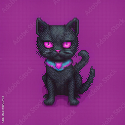 Pixel art of a black cat with pink eyes perched on a vibrant purple backdrop.