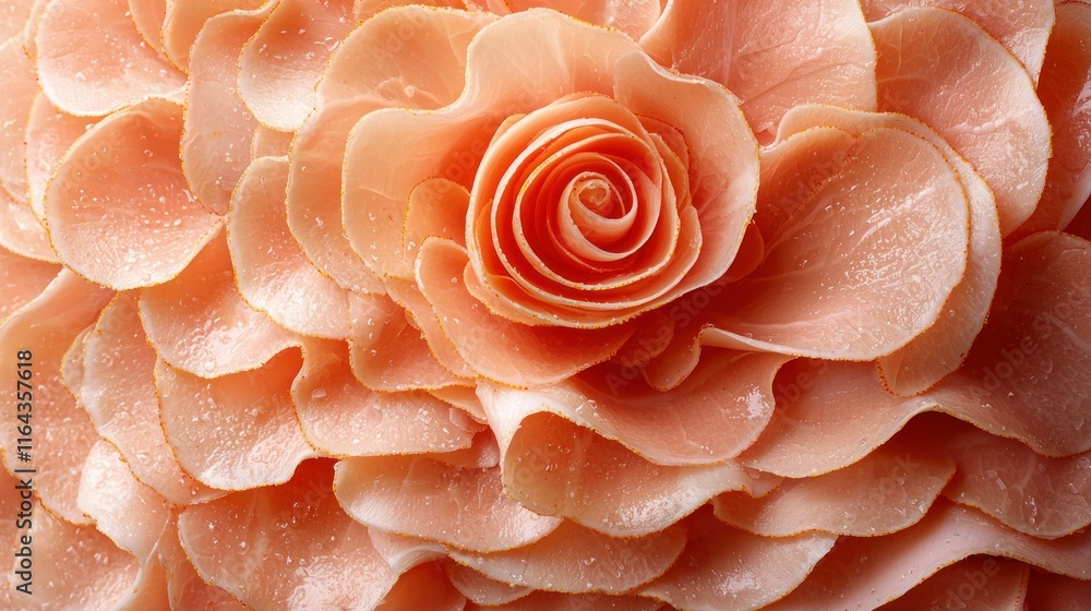 Fototapeta premium Delicate rose-shaped arrangement of pink ham slices.