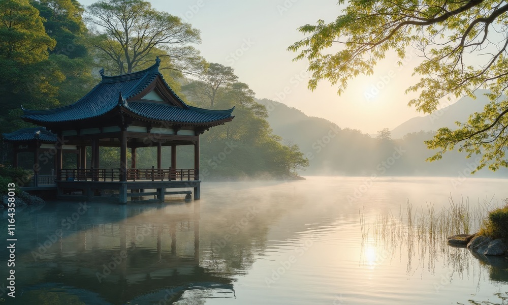 Fototapeta premium Gazebo on misty lake at sunrise