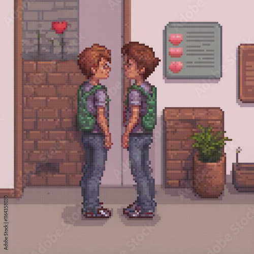 Pixel art depicting two boys in front of a brick wall, perfect for retro-style graphics.