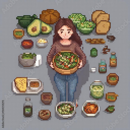 Pixel art of a woman with a basket of food