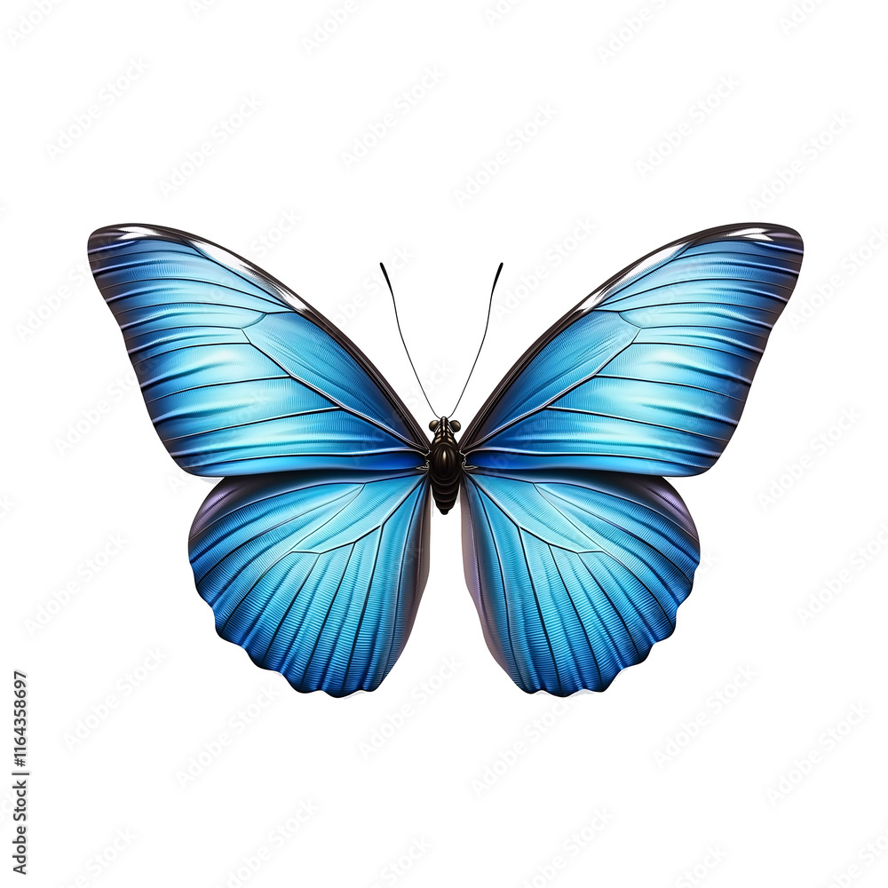 Fototapeta premium Morpho butterfly showing blue iridescence isolated on white background