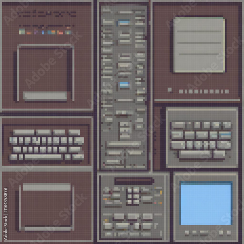 Pixel art showcasing diverse computer models on a pristine white backdrop.