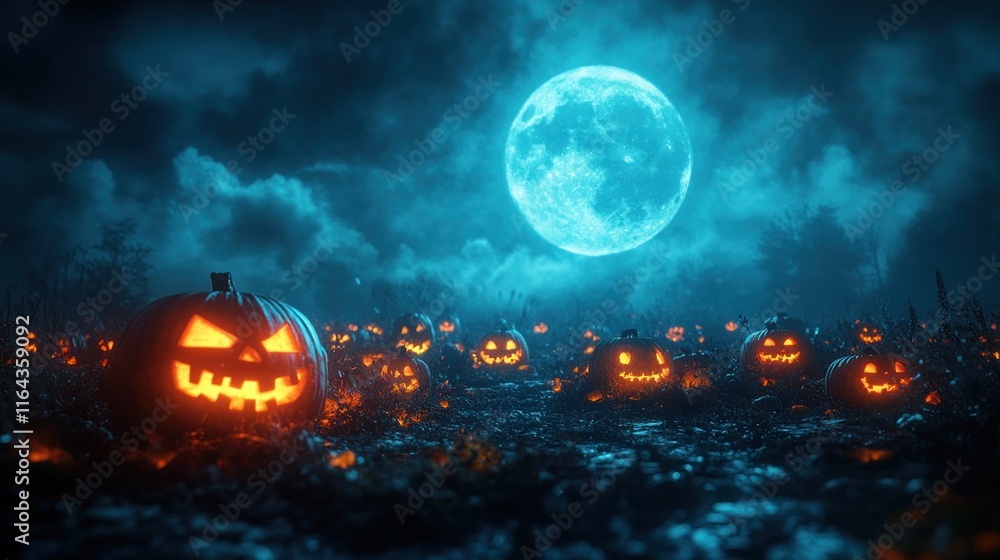Fototapeta premium Spooky Halloween pumpkins under a blue moon.