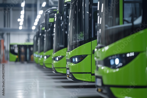 row of green buses are parked in a garage. The buses are all the same color and are lined up next to each other. The scene gives off a sense of organization and uniformity photo