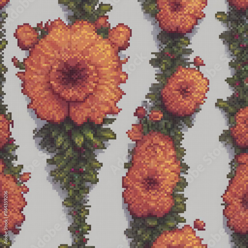 Pixel art cross stitch pattern featuring vibrant orange flowers against a neutral gray backdrop.
